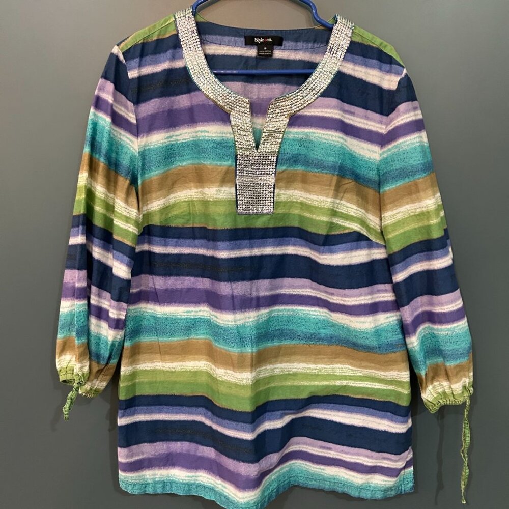 Pre-loved Size 16 Style & Co Striped Shirt with sequin detail around neckline